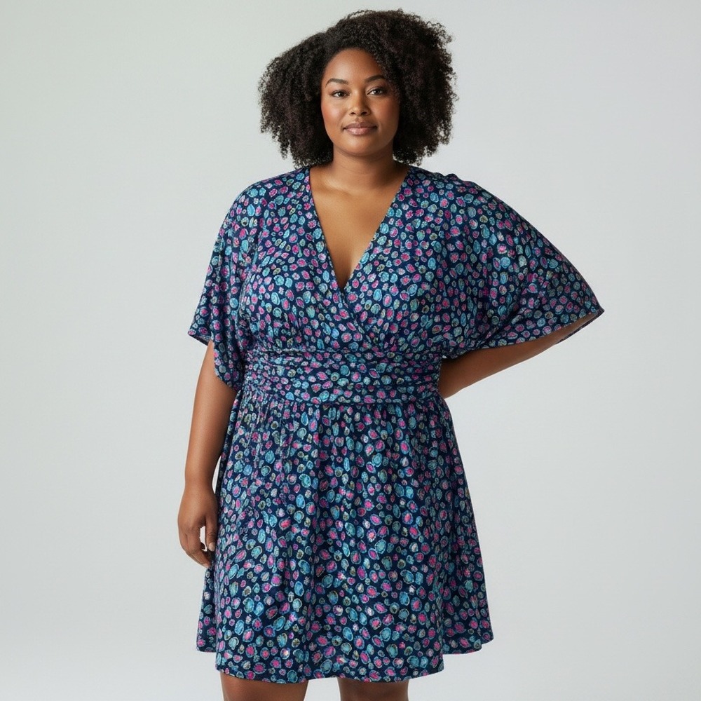 Lilly Pulitzer Etta V-Neck Dress Navy Pink Leopard Print Kimono Sleeve L 7383